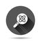 Science magnifier icon in flat style. Virus search vector illustration on black round background with long shadow effect.
