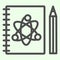 Science notepad line icon. Workbook with atom symbol and pencil outline style pictogram on white background. Chemistry