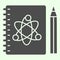 Science notepad solid icon. Workbook with atom symbol and pencil glyph style pictogram on white background. Chemistry