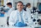 Science portrait, happy man and laboratory scientist working on healthcare research, medical development or project