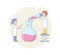 Science And Researches Concept. Male And Female Characters Make Researches. Laboratory Assistants Mixing Fluid In Flask