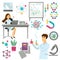 Science and scientist in biology, genetics or physics and chemistry vector icons