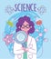 Science scientist woman with magnifier test tube bacteria atom research laboratory