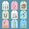 Science tags. chemical symbols tubes formulas books magnet microscope. vector labels in cartoon style