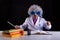 Science teacher in white coat with unkempt hair in funny eye glasses sitting at the desk