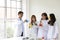 Science Test. Chemist scientific testing quality. Group Scientist working at laboratory. One Man and Three woman at chemistry lab