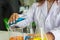 Science Test. Chemist scientificScience Test. Chemist scientific testing quarity. Scientist working at laboratory. woman at