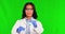 Science, woman and chemical mixing with green screen and chromakey space of scientist. Biology safety, liquid testing
