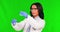 Science, woman and chemical process with green screen and chromakey space of scientist. Biology safety, liquid testing