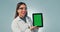 Science woman, tablet and green screen in studio with ux, face and review medical app by blue background. Doctor