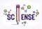 Science word with pencil instead of letter I and molecule, physics and chemistry concept, vector conceptual creative logo or