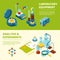 Scientific banners. Medical or chemical experiment laboratory room and equipment vector isometric pictures