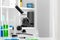 Scientific healthcare research background with microscope in medical laboratory