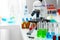 Scientific healthcare research background with microscope in medical laboratory