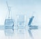 Scientific laboratory experimental glassware with clear solution