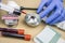 Scientific Police takes blood sample at Laboratorio forensic equipment