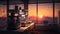 Scientific, research laboratory, pharma, biotech lab interior, neutral muted colors, city skyline on sunset, AI generative