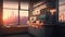 Scientific, research laboratory, pharma, biotech lab interior, neutral muted colors, city skyline on sunset, AI generative