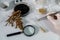 A scientist analyzes soybeans in a chemical laboratory. Close-up.