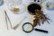 A scientist analyzes soybeans in a chemical laboratory. Close-up.