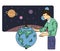 Scientist, astronomer or a geographer looks at the globe. Vector illustration, on white background.