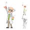 Scientist Cartoon Character Holding a Beaker and Test Tube with One Hand Raised and Feeling Great