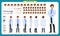 Scientist character creation set. Man working in science laboratory at experiments. Full length, different views, emotions