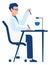 Scientist character. Man sits at desk, working with chemicals in test tubes and flasks, laboratory experiment, research