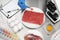 Scientist checking meat at table in laboratory, above view. Quality control