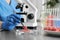 Scientist checking meat at table in laboratory, closeup. Quality control