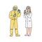 Scientist-chemist woman and man in professional uniform. Vector people illustration in line art style on white