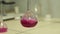 Scientist conducting an experiment on pink liquid a laboratory. Laboratory research. Close-up