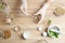 Scientist developing cosmetic product at table in laboratory, top view