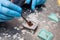 Scientist embedding tissues in paraffin blocks for sectioning. Pathology laboratory. Cancer diagnosis