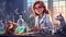 Scientist girl in lab coat, against animal experiments concept, Pixar animation style illustration