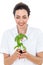 Scientist holding basil plant