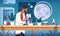 Scientist in lab. Cartoon concept of laboratory research, scientific experiment and medical data collection and analysis