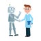 Scientist in a lab coat shaking hands with robot