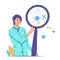 Scientist in laboratory coat with magnifier, vector illustration isolated.
