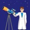 Scientist man with telescope on background of cosmic sky vector