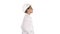 Scientist physicist woman walking in lab coat and hardhat on white background.