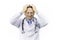 Scientist professional doctor in white medical gown hand on head for headache