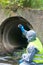 Scientist in a protective suit and mask, on the background of the drain pipe, looking at the collected mold treatment facilities,