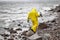 Scientist in protective suit with plastic container walking in on rocky beach