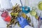 Scientist\'s hand with a magnifying glass does soy analysis. Laboratory research. View from above