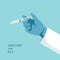 Scientist\\\'s hand wearing blue gloves against blue background and holding syring Covid-19 vaccine