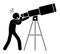 Scientist, stick man observes with Telescope stars and planets of solar system. Space exploration. Simple black and white vector