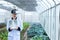 Scientist use remote controller piloting drone at vegetable garden Lab