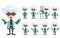 Scientist vector character set. Old genius male inventor holding test tube with various gestures, posses
