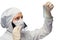 scientist in a white protective suit and mask, dresses protective transparent glasses and studies a test tube with
